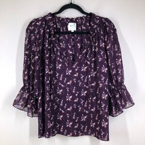 MISA Los Angeles Top Purple Floral Blouse Short Sleeve Shirt V Neck Sheer Small